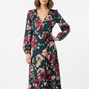 Band of the Free Floral Long Sleeve Wrap Dress in Teal and Burgundy Size XS